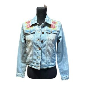 Jou Jou light Distressed wash jean Denim jacket with Embroidered Roses Medium